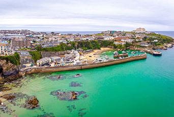 An aerial view over Newquay harbour in Cornwall