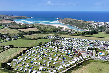 An aerial view over Crantock Beach Holiday Park in Cornwall