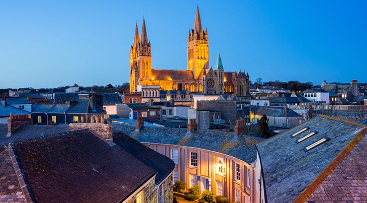 A view towards Truro Cathedral lit up at night