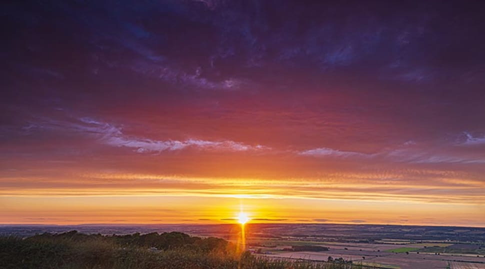 Sunset over the North Yorkshire Moors behind Scarborough