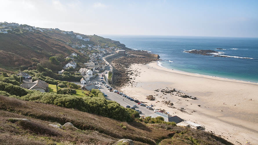 The village of Sennen Cove at the south-west end of Sennen Cove Beach