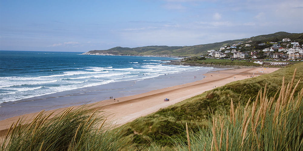 A sunny day overlooking the dunes at Woolacombe Beach in North Devon