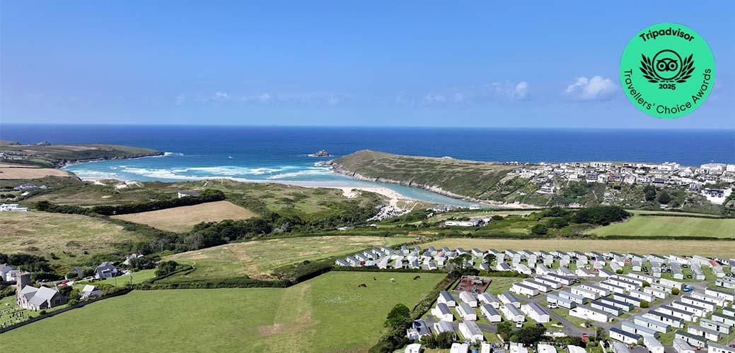 A view over Crantock Beach Holiday Park and the Cornish Coast