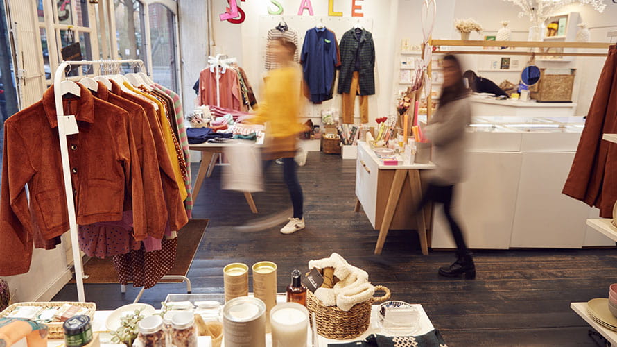 Clothes and trinkets on display in a clothing boutique