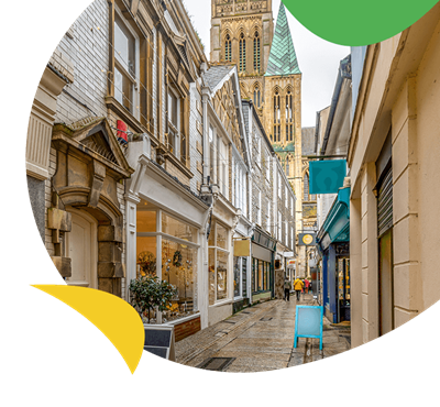 A charming narrow street of shop fronts in Truro, Cornwall
