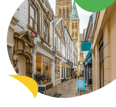 A charming narrow street of shop fronts in Truro, Cornwall