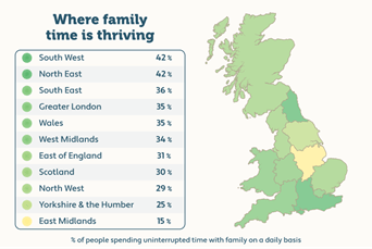 An infographic map of the UK, showing which regions spend the most time unplugged