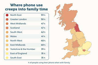 An infographic map of the UK showing regions where phone use creeps into family time the most