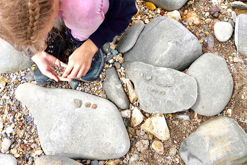 A girl checking rocks for fossils on a beach