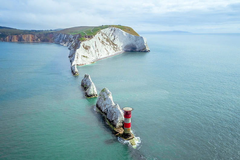 An aerial view over the Needles headland on the Isle of Wight