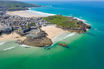 An aerial view of the beaches of St Ives in Cornwall
