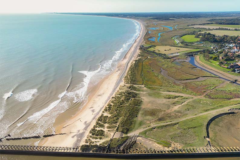 An aerial view of Walberswick Beach and coastline