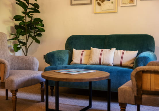 Crushed velvet blue sofa with pink cushions and wooden circular coffee table