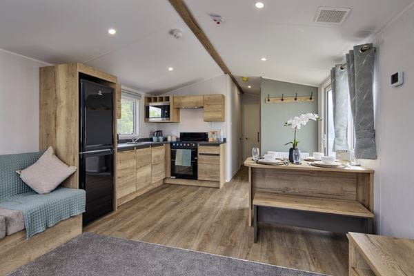 open plan living area with kitchen, dining table and sofas