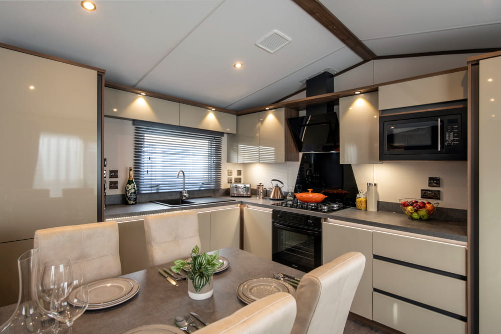 The stylish kitchen of the Carnaby Langdale Central Lounge Caravan