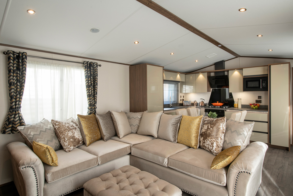 The stylish lounge of the Carnaby Langdale Central Lounge Caravan