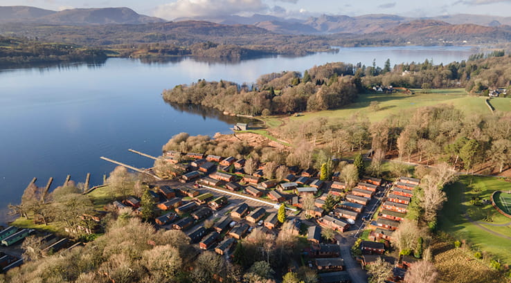 An aerial view of White Cross Bay Holiday Park in the Lake District