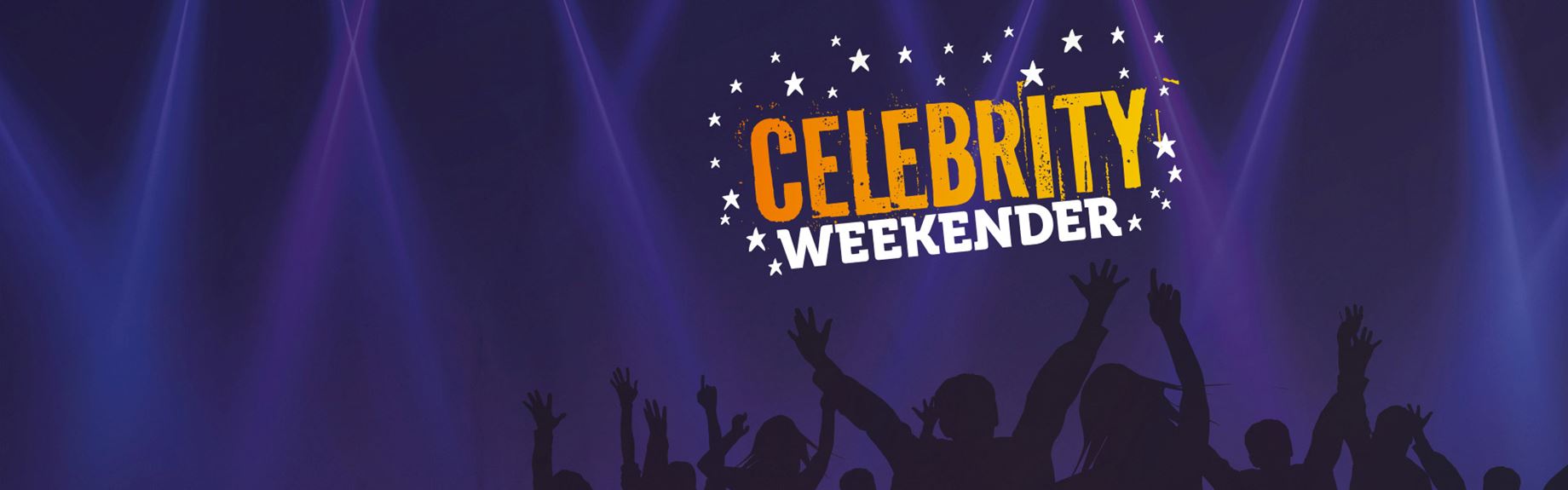 Celebrity Weekender hero, navy with orange text