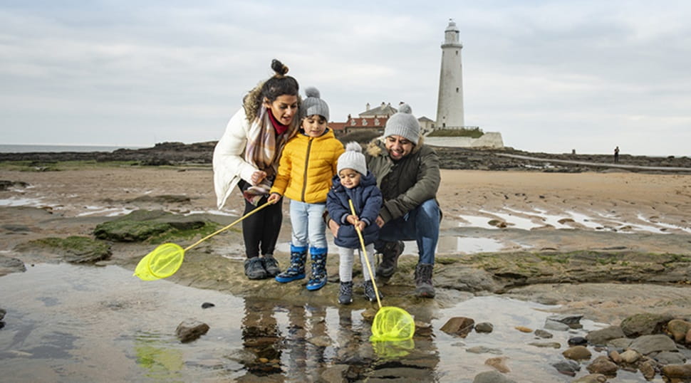 a family rock pooling on a beach