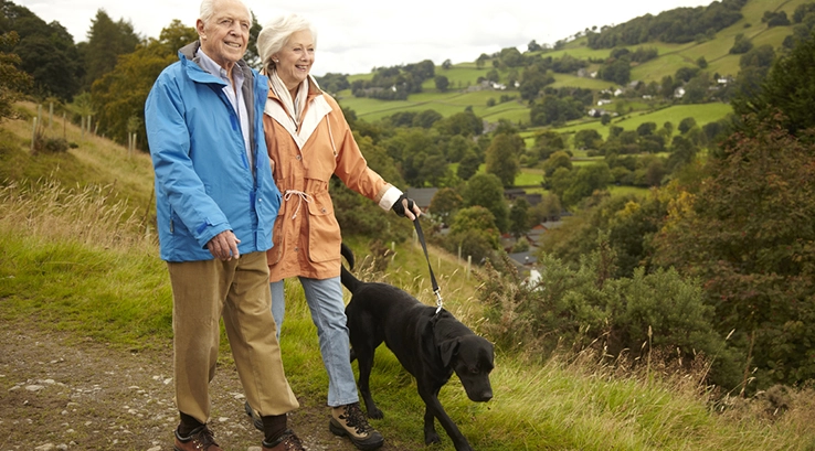 an elderly couple walking the dog in the counytryside