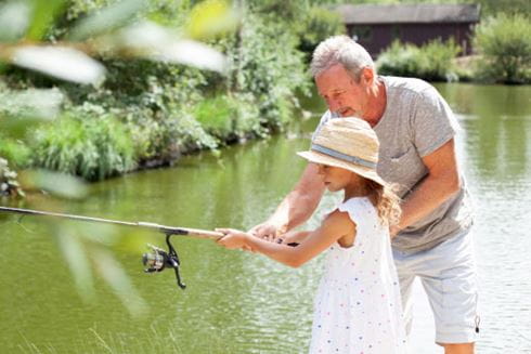 a father with his daughter fishing