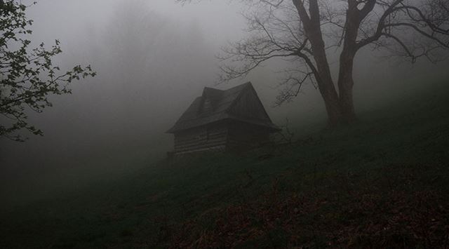 An eerie cabin in the woods