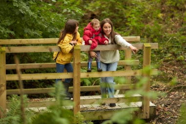 family looking over a bridge in a woodland