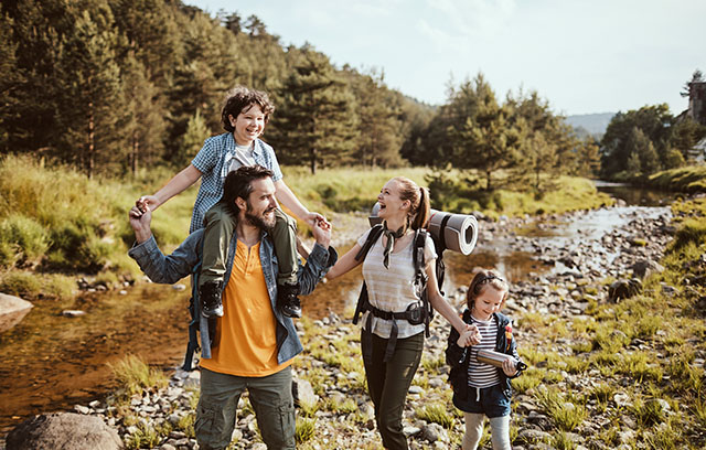 A family hiking in the countryside