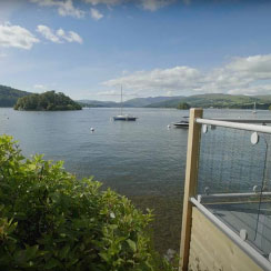 The view from a lodge veranda overlooking Lake Windermere