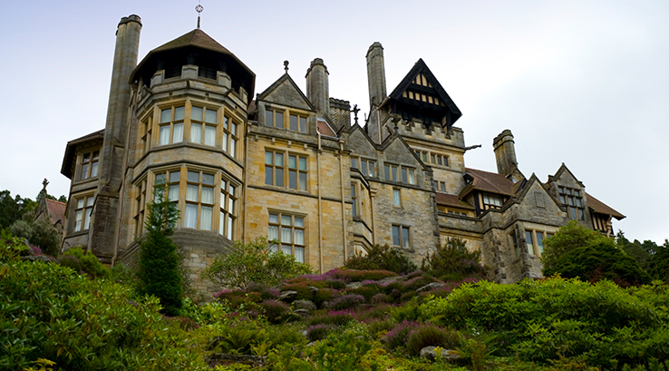 A view from below of Cragside House, Northumberland