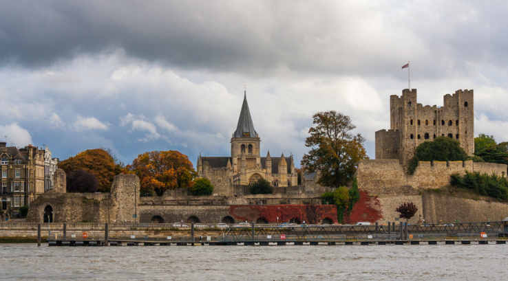 Rochester Cathedral viewed through a stone wall