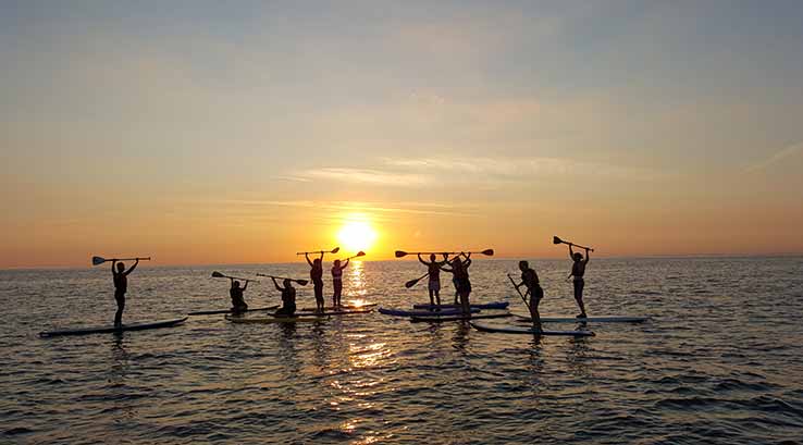 paddle boarders at sunset