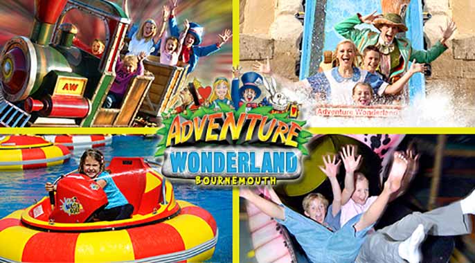 images of people enjoying various theme park rides at adventure wonderland
