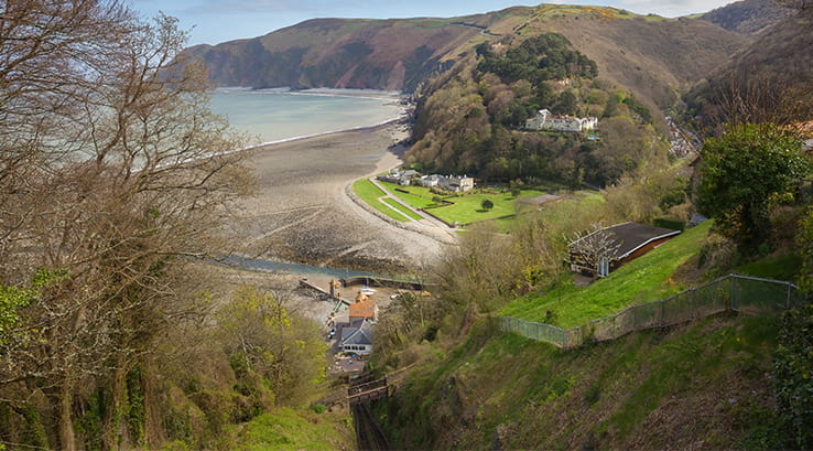 Elevated view of Lynton & Lynmouth Cliff Railway to beach