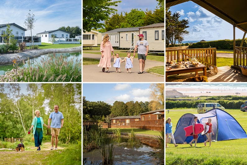 a collage of images of six types of accommodation including caravans, glamping, tents, and lodges