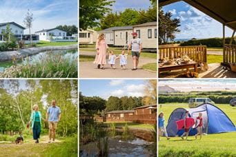 a collage of images of six types of accommodation including caravans, glamping, tents, and lodges