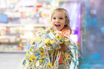 Little girl holding arcade tickets
