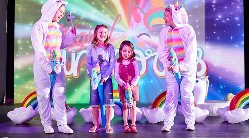 Kids and troupers taking part in Magical Unicorns