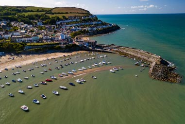 Seaside town with pier and many boats in the water