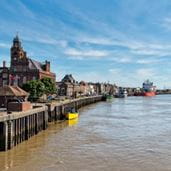 Coastal town bordering the water