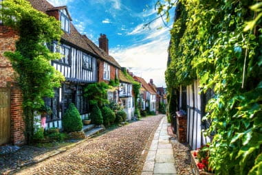 Cute houses with climbing plants and a pebble path