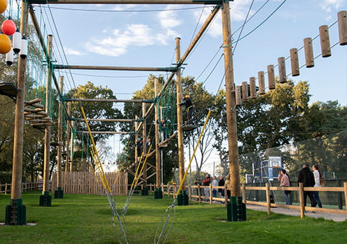 Empty shot of the high ropes course at Camber Sands