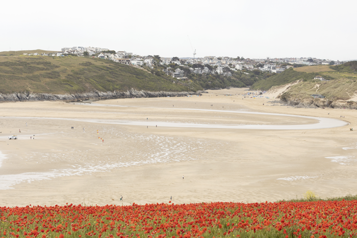 Crantock Beach with park in background