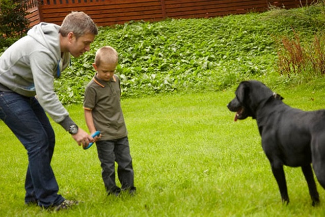A father and son and their dog on the grass at Gatebeck Holiday Park