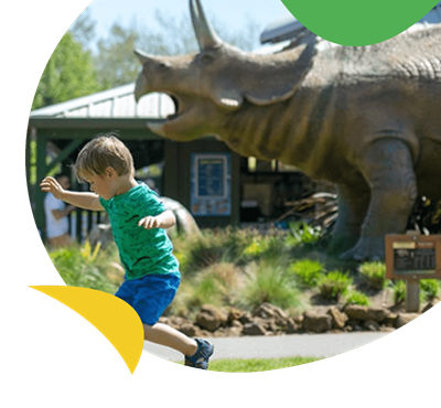 Little boy in front of large replica dinosaur