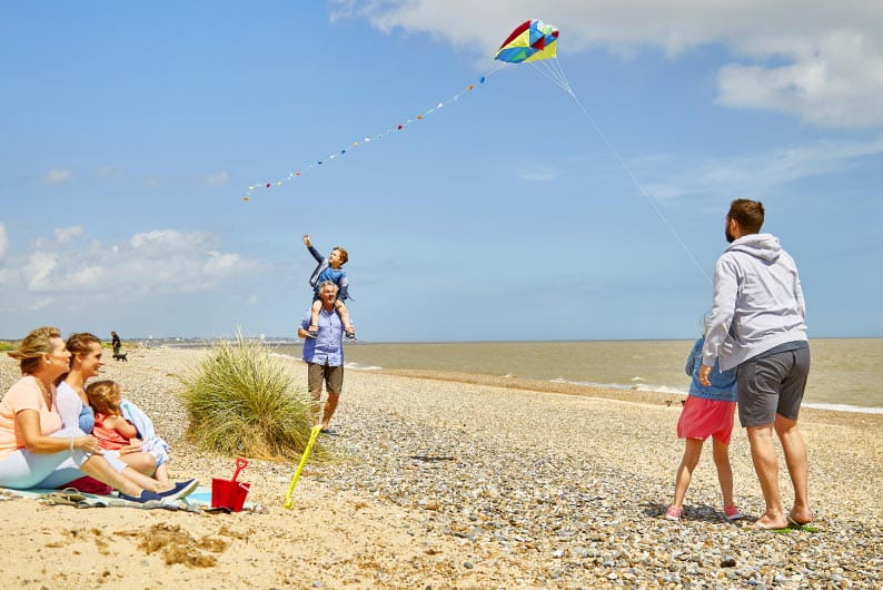 A man and two kids flying a kite on a beach with two women and a baby sat watching on