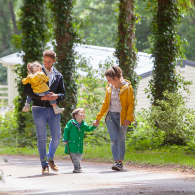family walking hand in hand down a path