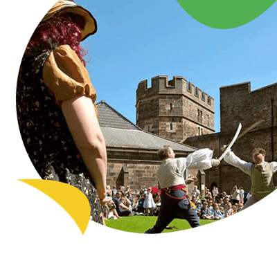 A historic sword fight reenactment at Lancaster castle near Ocean Edge Holiday Park