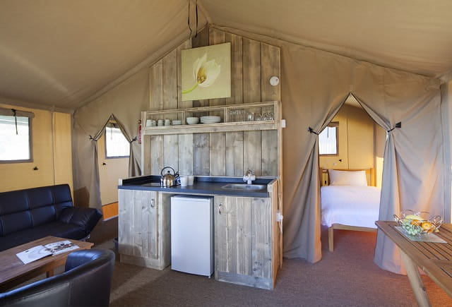 Kitchen area in a Safari Glamping tent at Lower Hyde Holiday Park