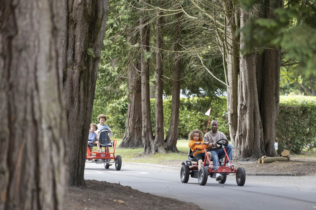Family riding in the karts in the forest